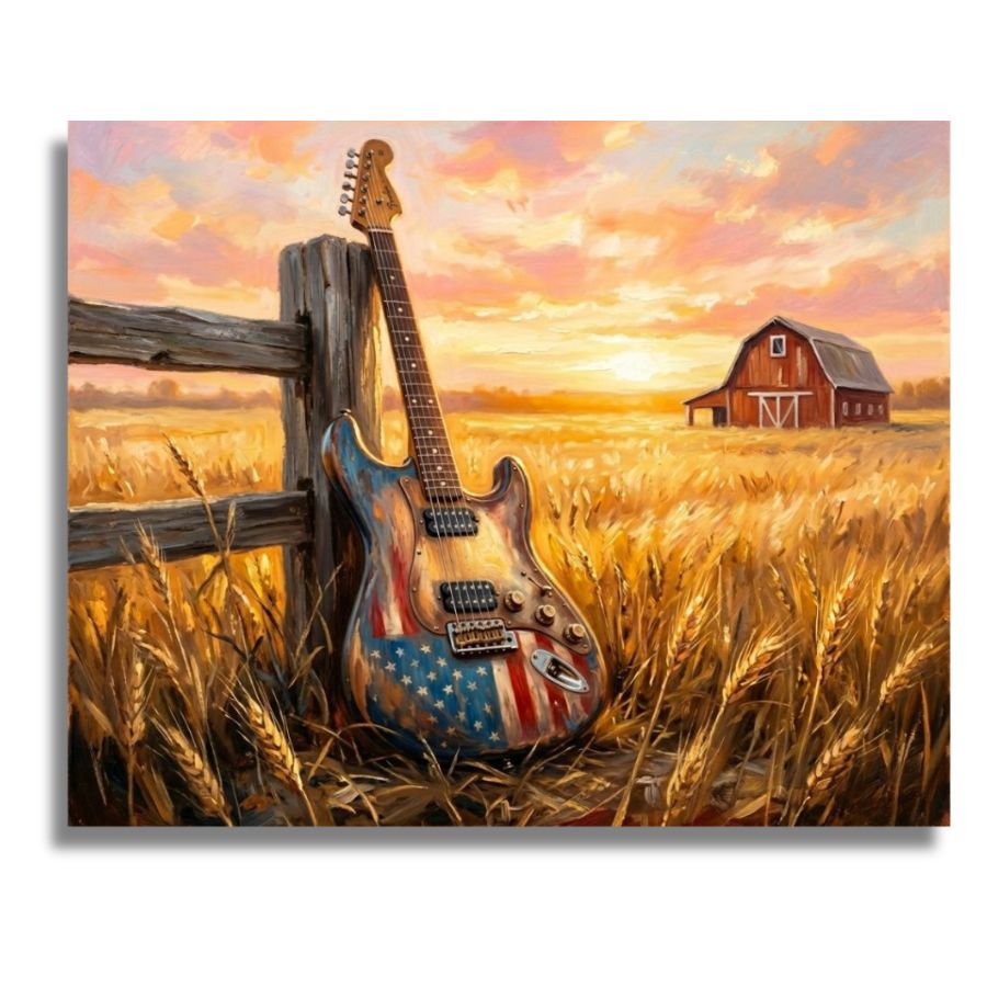 Guitar with American flag design leaning against a wooden fence in a field with a barn and sunset in the background. American Guitar Fields - Paint by numbers