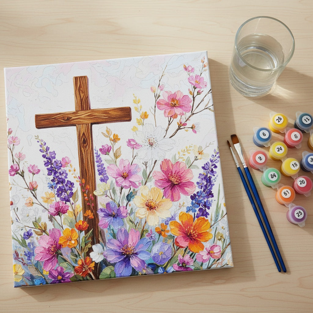 Painting of a cross surrounded by flowers on a wooden table with paint supplies.
