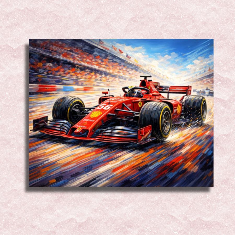 Painting of a red Formula 1 car on a racetrack with colorful background. Formula 1 Ferrari - Paint by Numbers