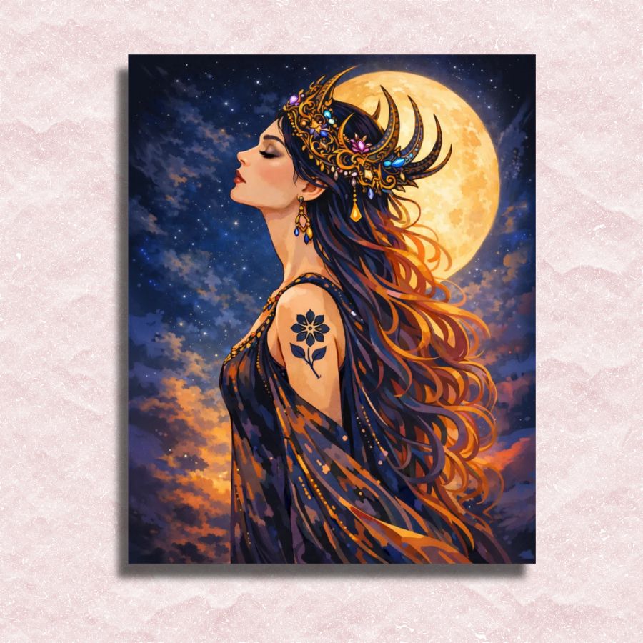Artistic depiction of a gothic girl with long hair and a full moon in the background. Gothic Girl Paint by Numbers - Paint by numbers
