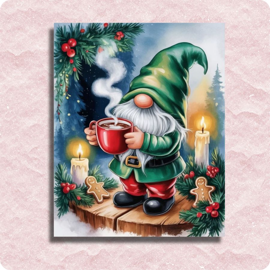 Christmas gnome holding a mug with festive decorations on a pink background. Holiday Gnome with Mug - Paint by numbers