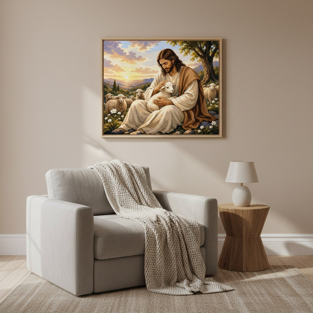 Living room with a painting of Jesus holding a lamb on the wall above a sofa.