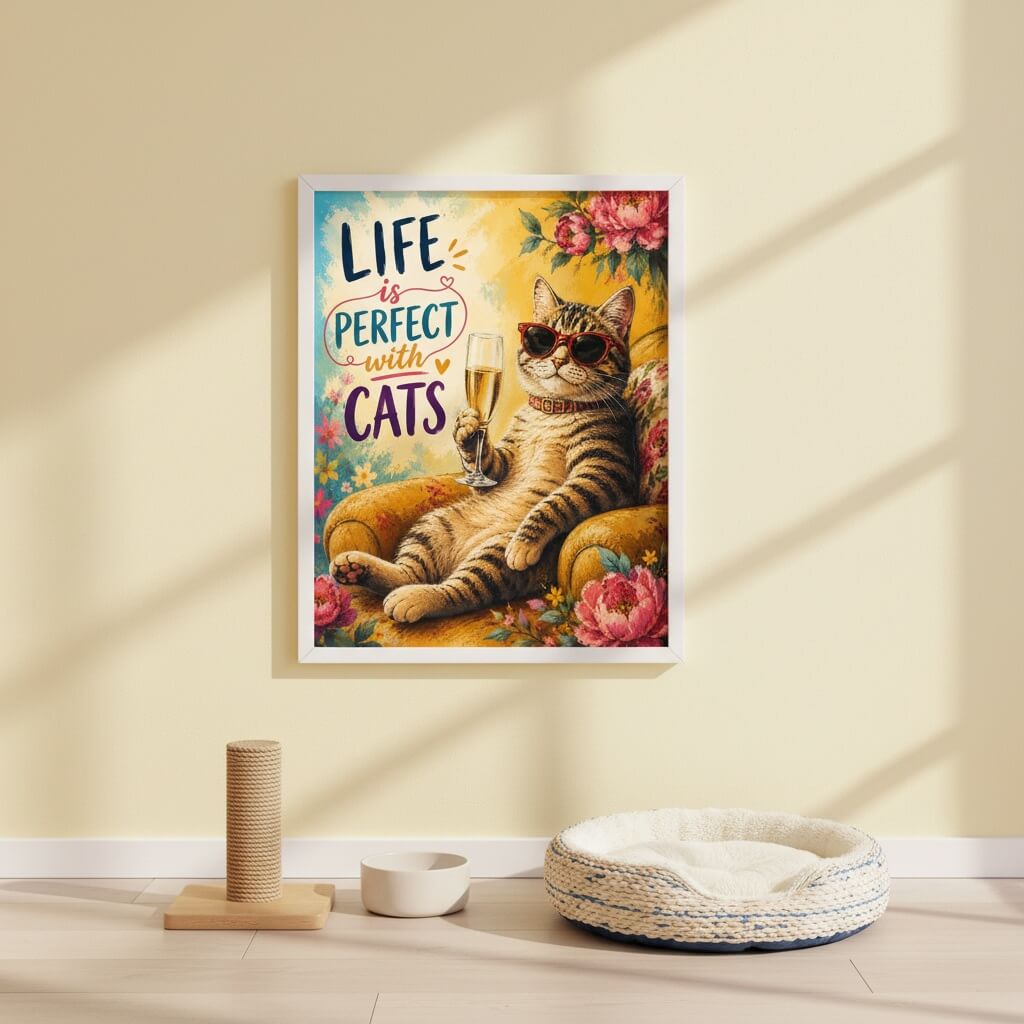 Framed artwork of a cat lounging on a chair with 'Life is perfect with cats' text, placed on a wall above a pet bed and scratching post.
