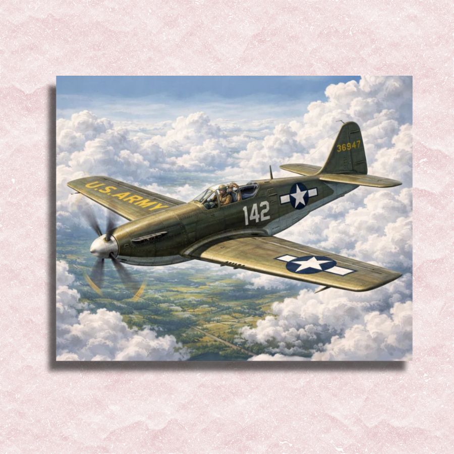 Vintage military airplane flying above clouds with 'U.S. Army' marking. Military Plane - Paint by numbers