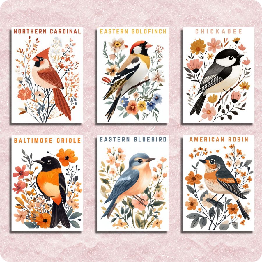 Set of six posters featuring different birds with floral elements on a pink background. Mini American Birds 6 Pack Paint by Numbers