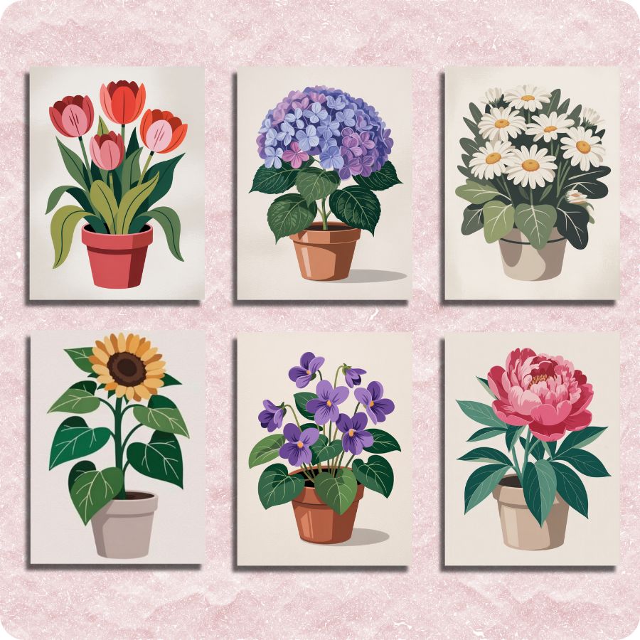 Set of six floral wall art prints with potted plants on a pink background. Mini Flower Pots 6 Pack Paint by Numbers
