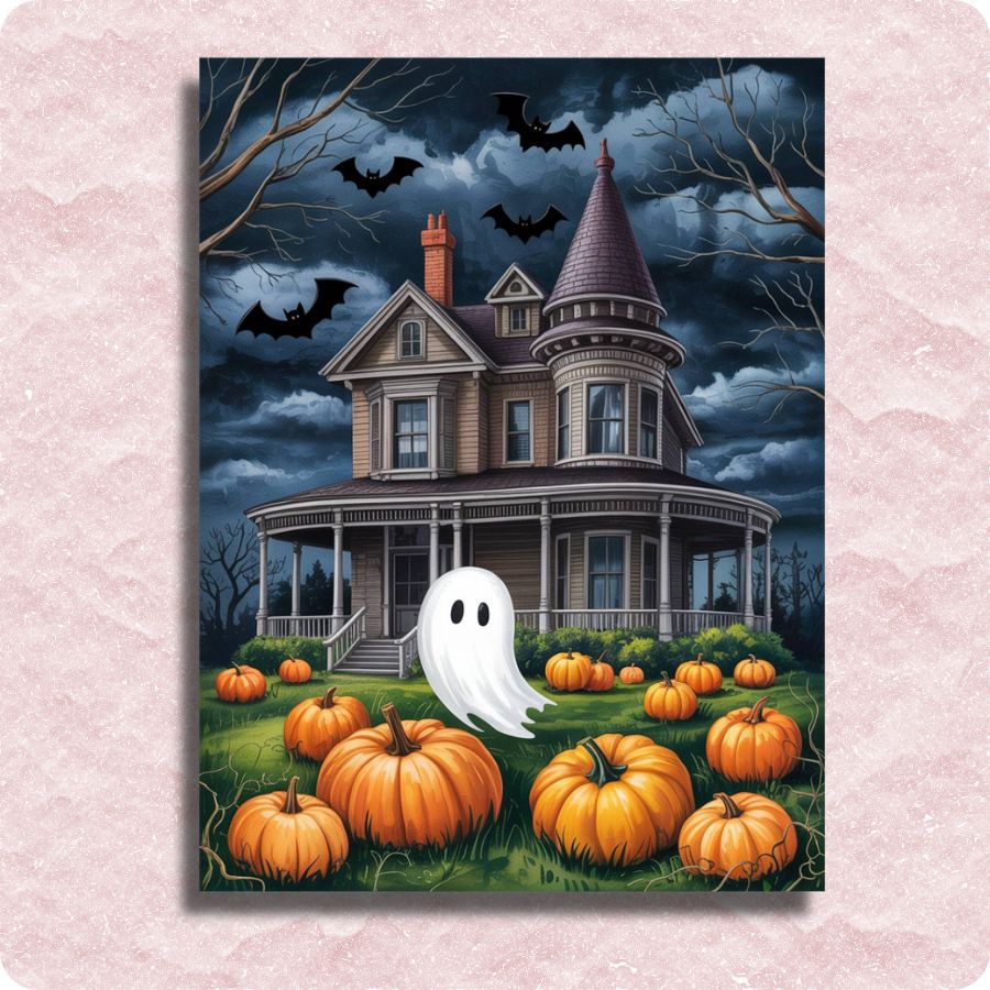 Halloween-themed paint by numbers of a haunted house with pumpkins and a ghost.