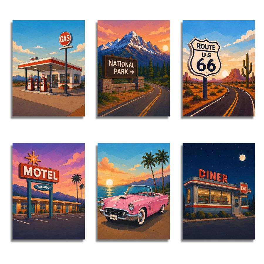 Set of six posters featuring Route 66-themed images including a gas station, national park sign, road sign, motel, car, and diner. Retro Road Trip 6 Pack Paint by Numbers