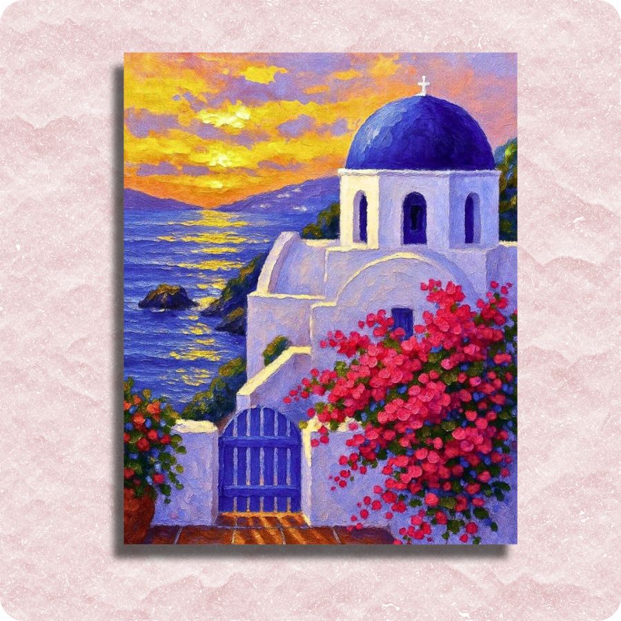 Painting of a Greek-style building with a blue dome and pink flowers, set against a sunset sky. Santorini Paint by Numbers