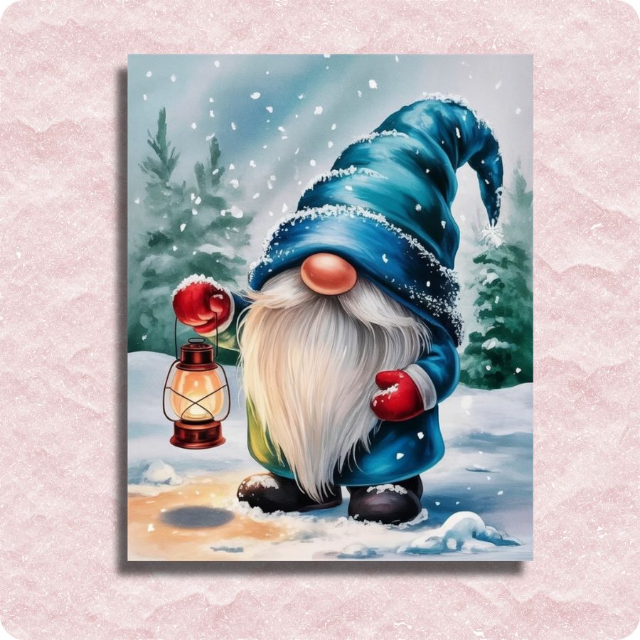 Gnome with a blue hat and white beard holding a lantern in a snowy landscape. Frozen Gnome - Paint by numbers