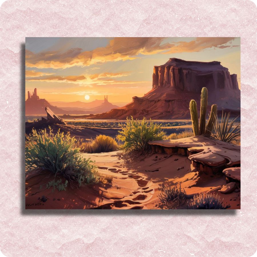 Monument Valley landscape with cacti and rock formations during sunset. Monument Valley - Paint by numbers