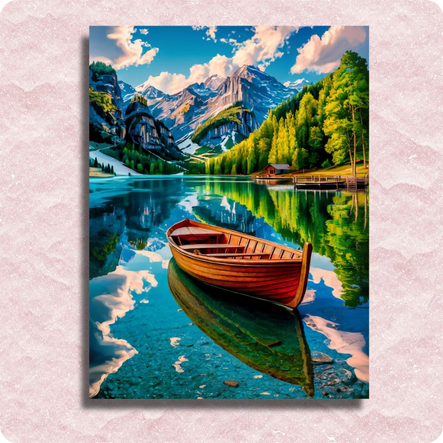 Wooden boat on a calm lake with mountains and trees in the background - paint by numbers kit