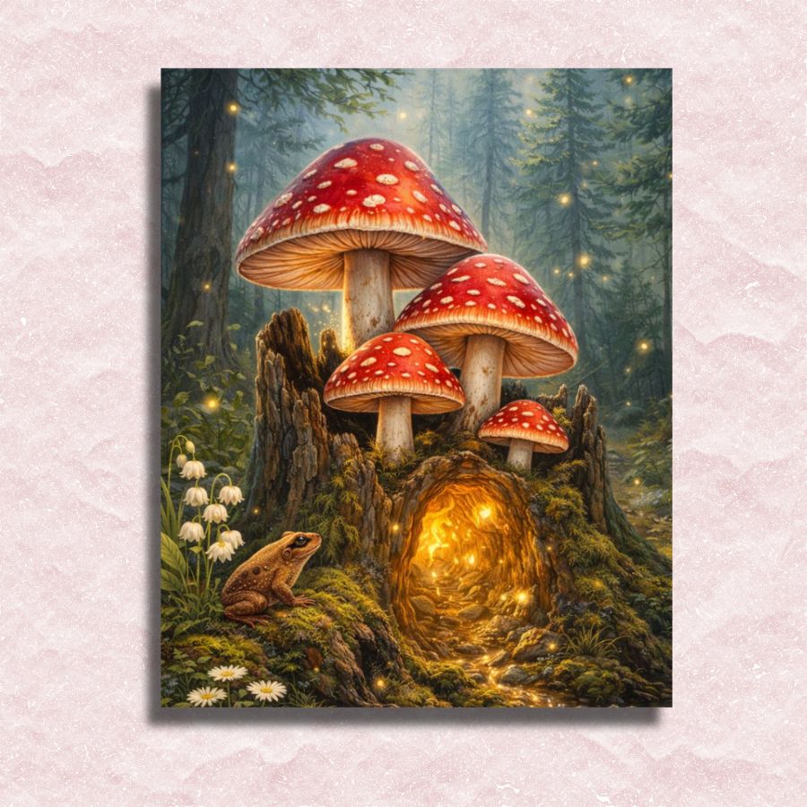 Fairy tale forest scene with red mushrooms and a glowing mushroom on a light pink background. Mushrooms Paint by Numbers
