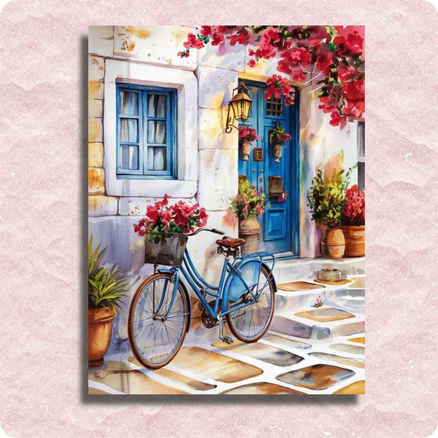 Retro Home Charm - Paint by numbers - Painting of a blue bicycle in front of a colorful building with flowers.