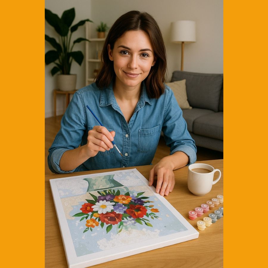 Woman painting a floral picture as paint by numbers with a cup of coffee on a table.