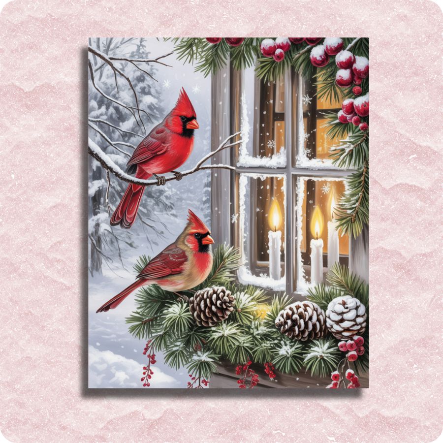 Picture with two cardinals, a window with candles, and winter elements on a pink textured background. Cardinal Christmas Eve - Paint by Numbers