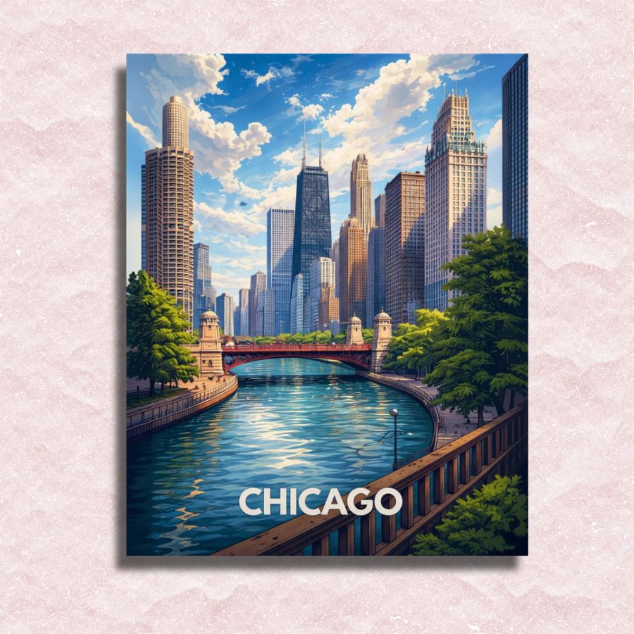 Framed artwork of Chicago skyline with river and bridge. Chicago - Paint by numbers