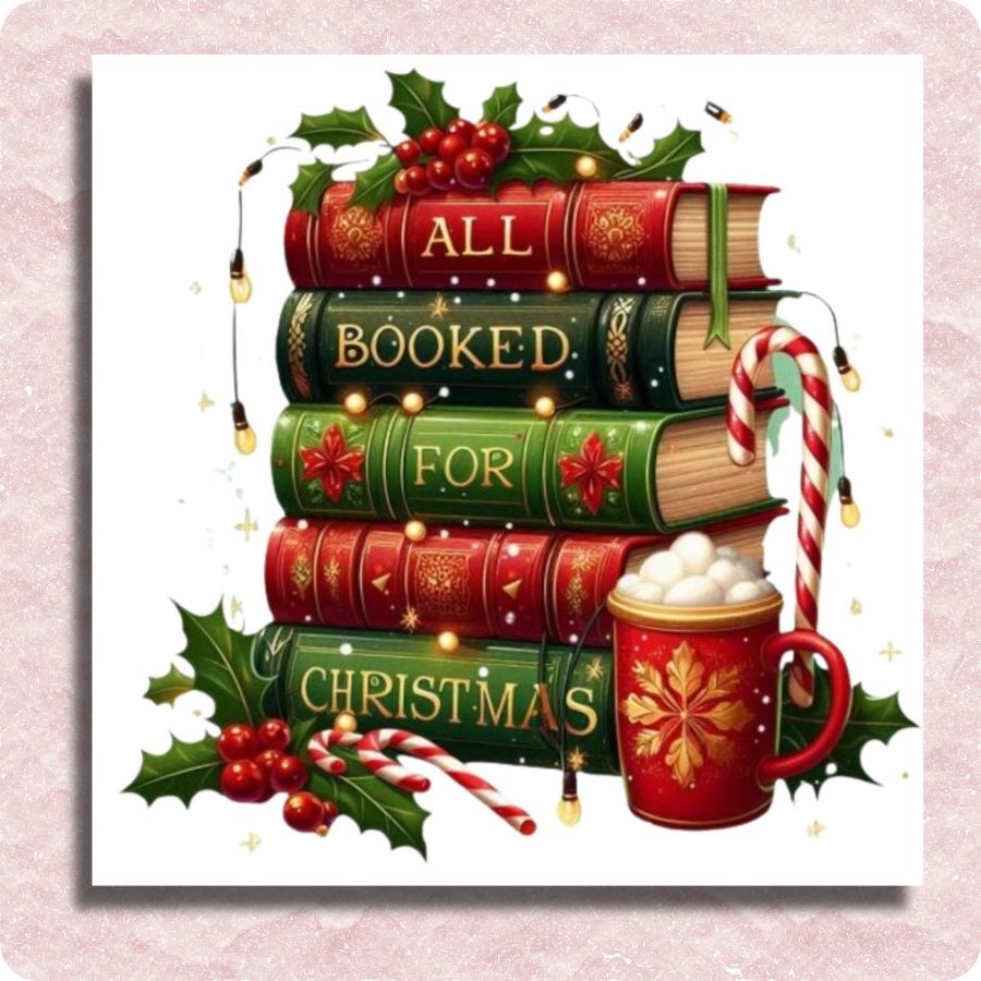 Stack of books with Christmas decorations and a mug on a white background. Christmas Book Stack - Paint by numbers