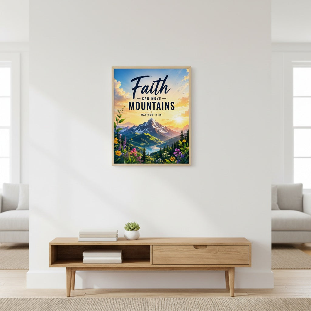 Framed poster with mountain landscape and 'Faith Can Move Mountains' text in a living room.