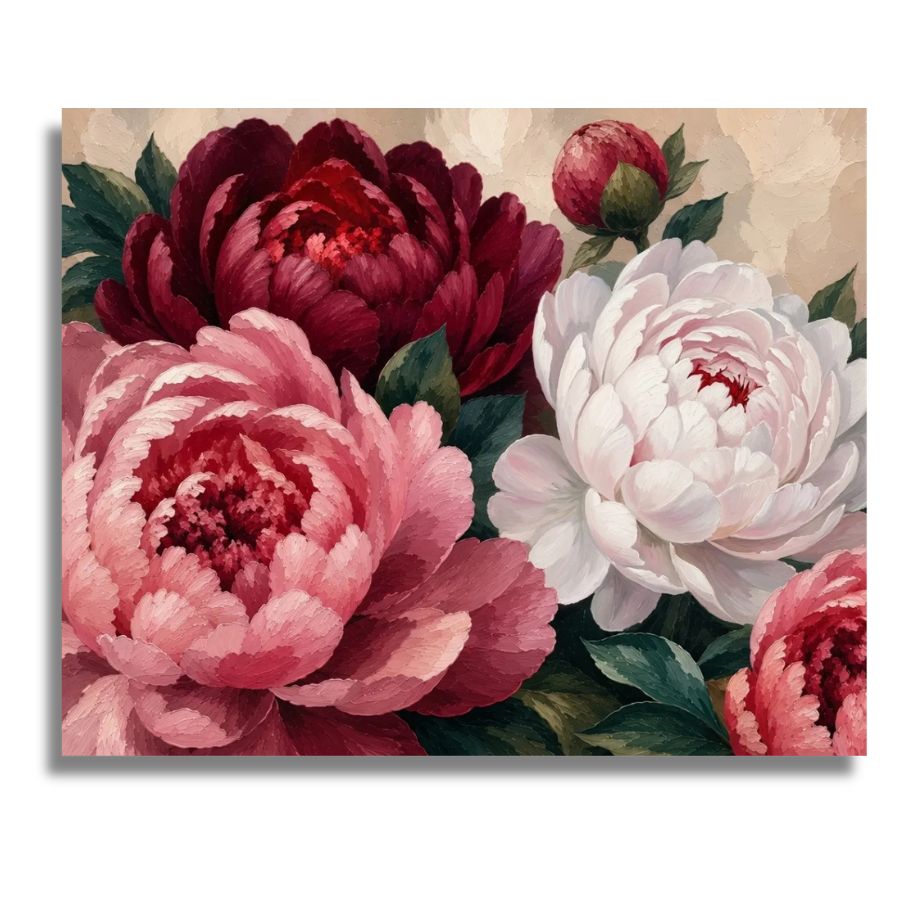 Floral painting with red, pink, and white flowers on a beige background. Flowers Red Variations Canvas - Paint by numbers