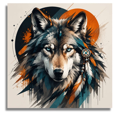 Colorful painting of a wolf with a dreamcatcher on a beige background. Indian Spirit of the Wild Canvas - Paint by numbers