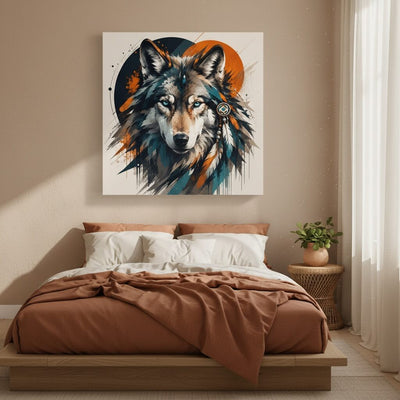 Wolf painting on a wall above a bed in a bedroom
