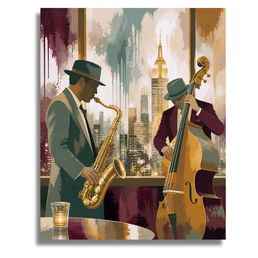 Two musicians playing saxophone and double bass with a city skyline in the background. Jazz Club - Paint by numbers