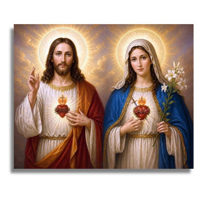 Painting of a religious figure with a halo and another holding flowers, set against a warm, glowing background. Jesus and Virgin Mary - Paint by numbers