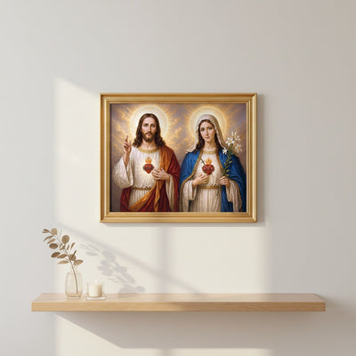 Framed artwork of two religious figures holding hearts on a wall above a shelf. Jesus and Virgin Mary - paint by numbers