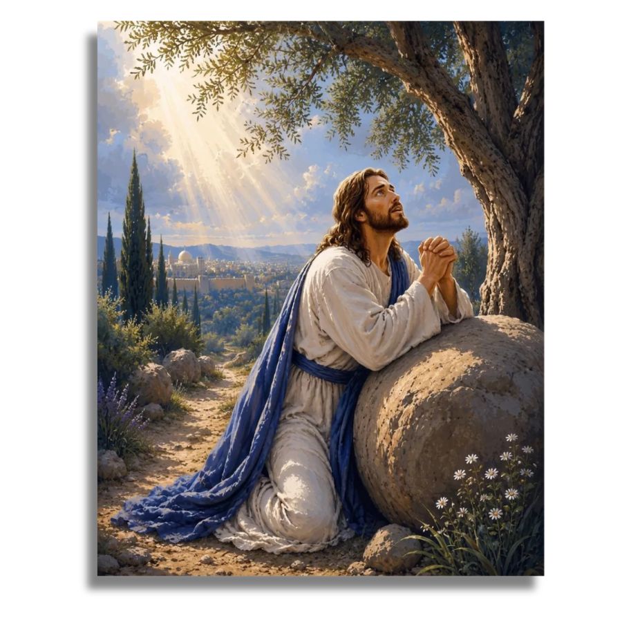 Painting of Jesus in a serene landscape with trees and mountains. Jesus in the Garden of Gethsemane - Paint by numbers