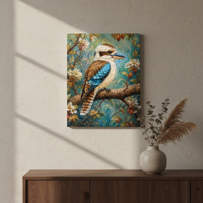 Canvas print of a colorful bird painting on a wall above a wooden cabinet with a vase and plants.