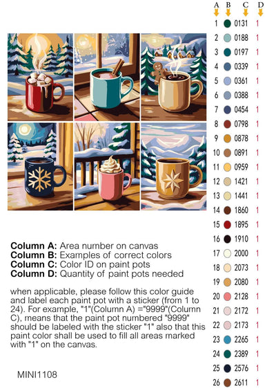 Color guide for painting mugs with winter scenes on a canvas. Mini Cozy Winter Mugs - Paint by numbers