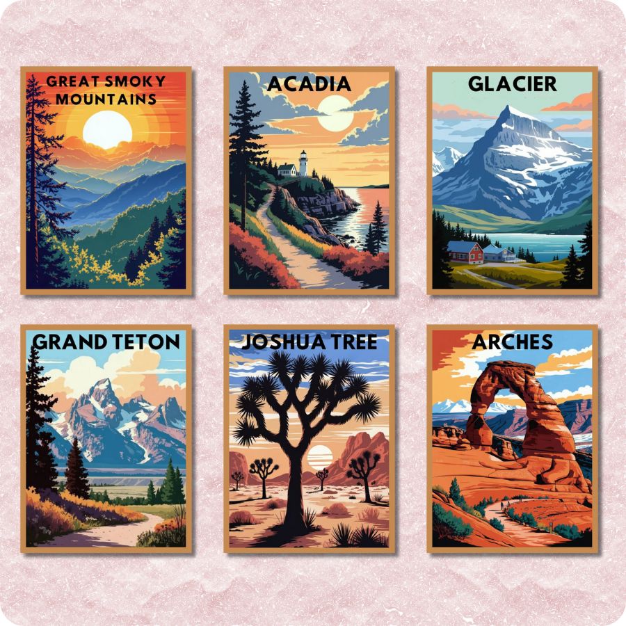 Set of six framed posters of national parks with scenic landscapes. Mini Iconic U.S. Parks 6 Pack Paint by Numbers