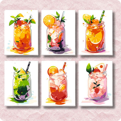 Set of six colorful illustrations of mason jars with drinks and garnishes on a light pink background. Mini Lemonade Mix - 6 Pack Paint by Numbers