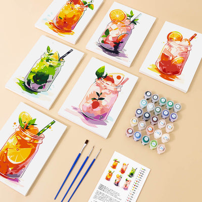 Set of watercolor paintings of drinks on a beige surface with paint bottles and brushes. Mini Lemonade Mix 6 Pack Paint by Numbers