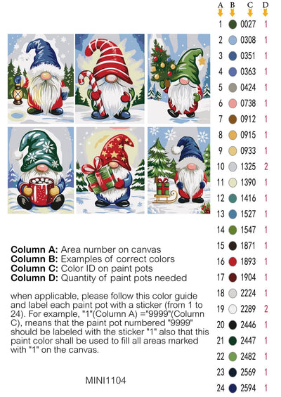 Color guide for painting gnomes on a canvas with color swatches and paint pot numbers. 