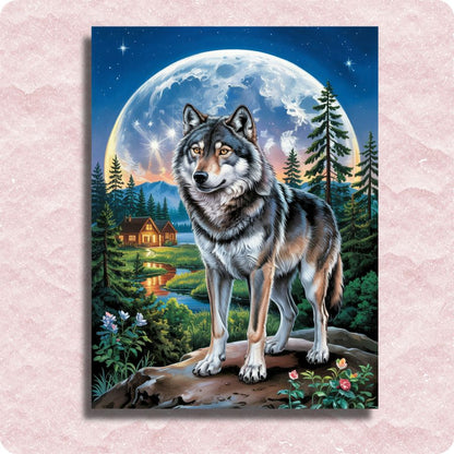 Moonlit Wolf Guardian - Paint by numbers - Wolf standing in a forest with a full moon and cabin in the background