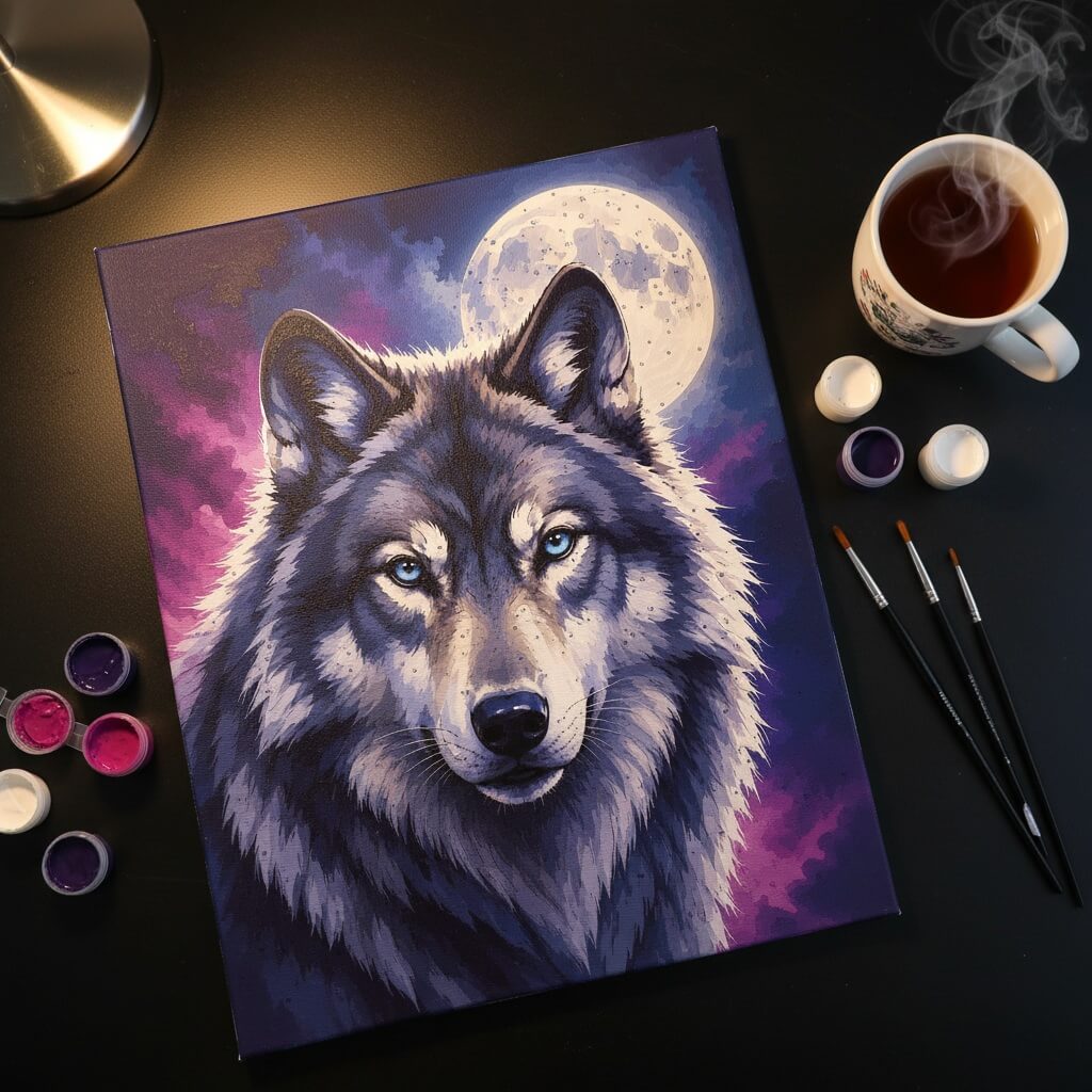 Painting of a wolf with a full moon on a dark surface with art supplies.