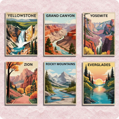 Set of six posters featuring famous national parks with scenic landscapes - Paint by numbers