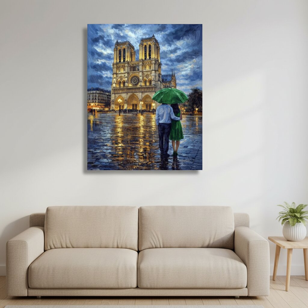 Canvas print of a couple with an umbrella under Notre-Dame Cathedral in Paris, hanging above a beige sofa.