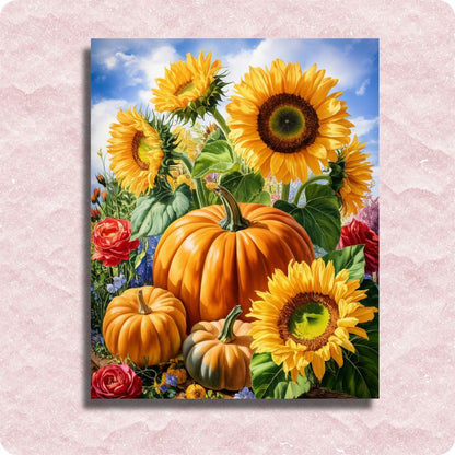 Painting of pumpkins and sunflowers with a pink textured background. Pumpkin and Sunflowers - Paint by numbers