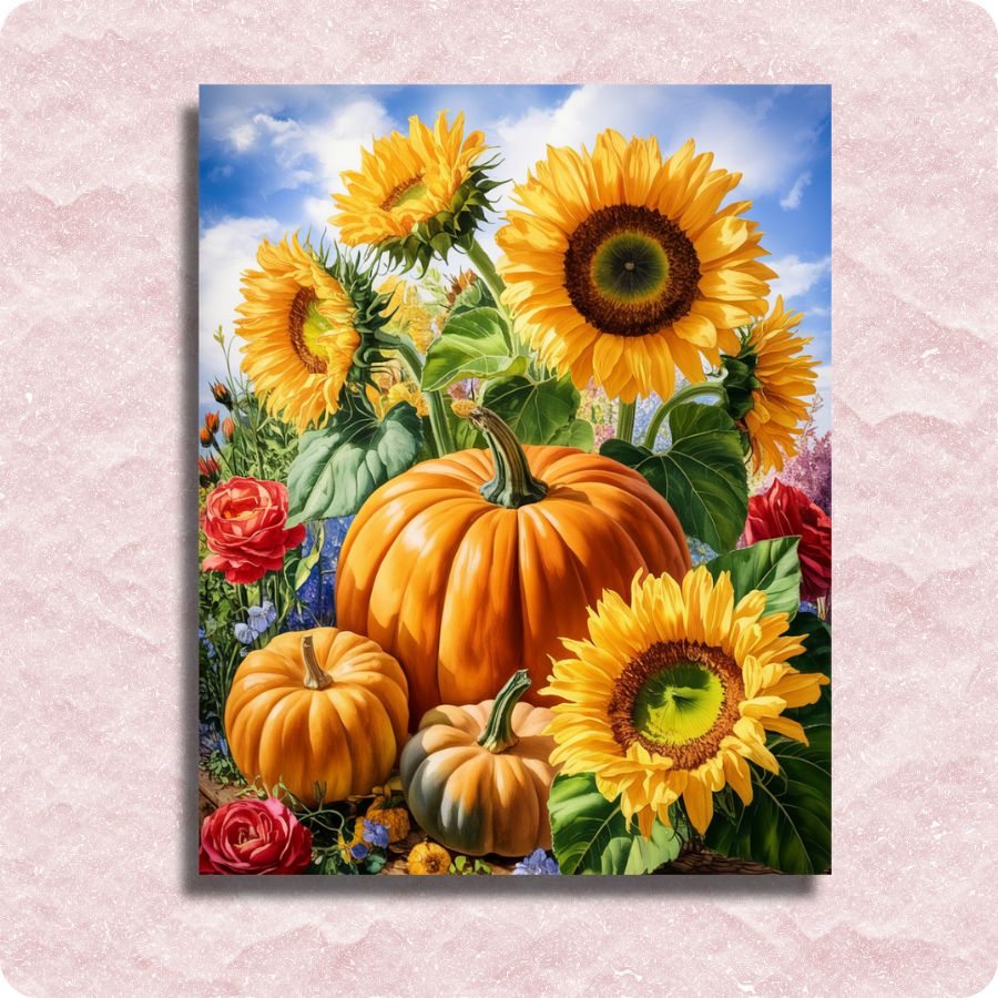 Painting of pumpkins and sunflowers with a pink textured background. Pumpkin and Sunflowers - Paint by numbers
