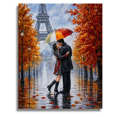 Couple under a colorful umbrella in front of the Eiffel Tower with autumn trees. Romantic Paris - Paint by numbers
