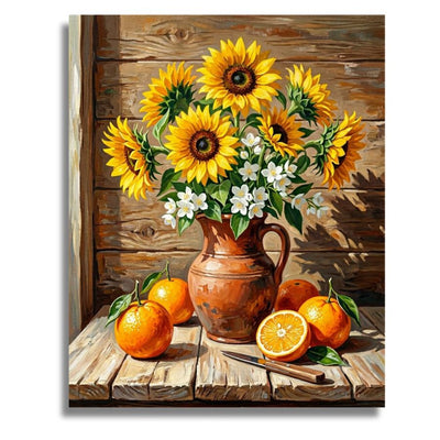 Still life painting with sunflowers, oranges, and a pitcher on a wooden surface. Rustic Sunflower Vase - Paint by numbers