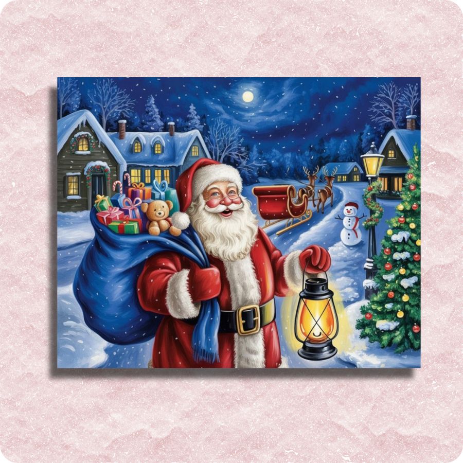 Illustration of Santa Claus in a snowy village scene with a pink textured background. Santa is Coming - Paint by numbers