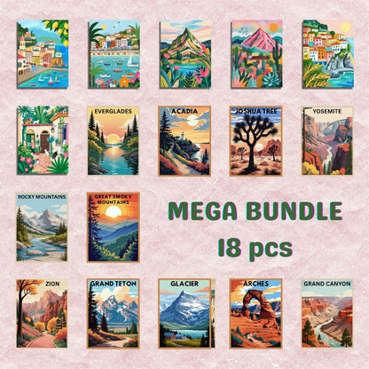 Collection of 18 scenic posters with various national parks on a pink background, labeled 'Mega Bundle' - Paint by numbers