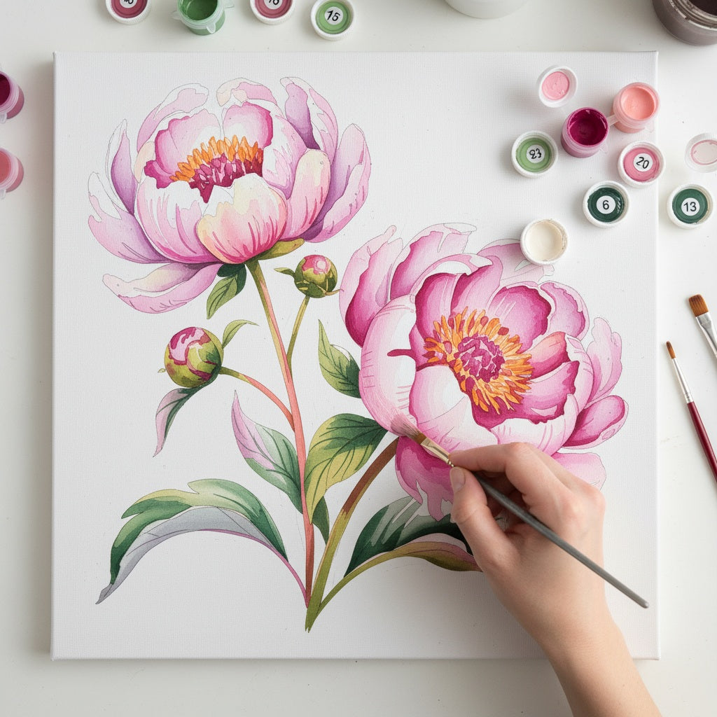 Soft pink peonies - Paint by numbers layout