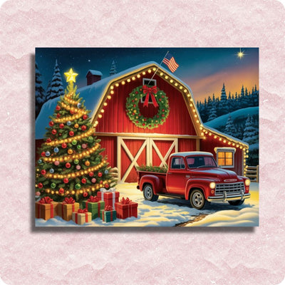 Christmas scene with a red barn, Christmas tree, and truck on a pink textured background. Starlit Barn Harmony - Paint by numbers