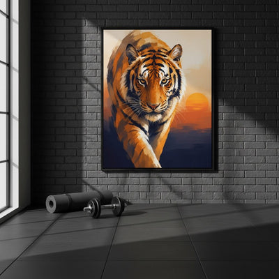 Framed painting of a tiger on a brick wall with exercise equipment on the floor.