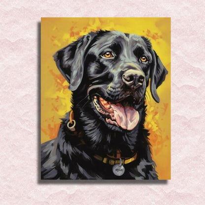 Painting of a black labrador with a yellow background. Black lab - Paint by numbers